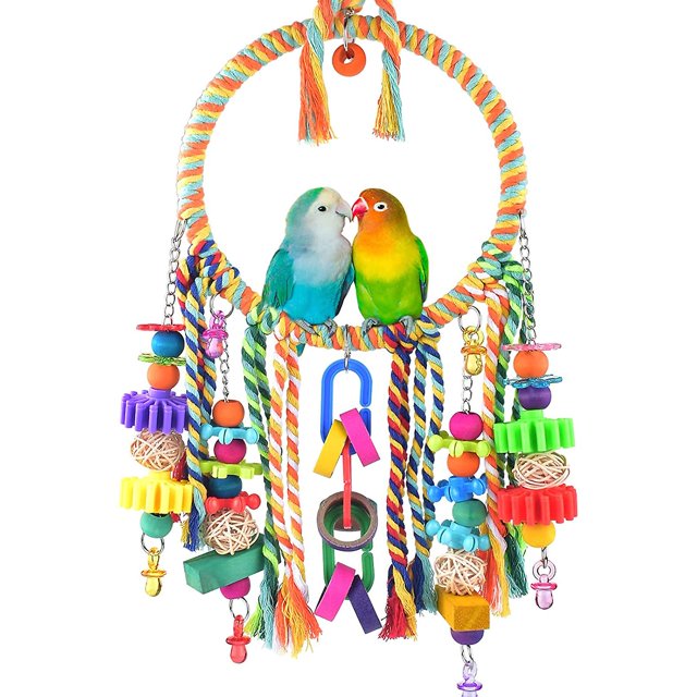 Juguete de columpio de oro, anillo de cuerda de colores, percha, juguetes de madera y plástico para masticar aves Feliz Sencillez