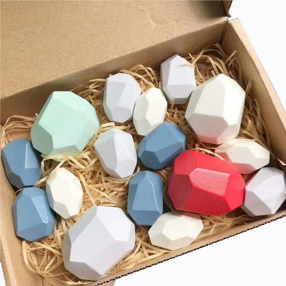 Maoww 16 pcs Colorful Wood Stone Balancing Blocks Nordic Natural Wood Toy Stones Stacking Game Rock Blocks Educational Toy