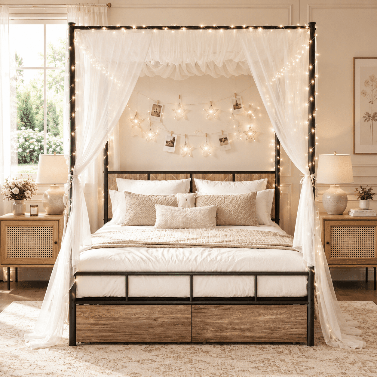 HSUNNS Full Bed Frame, Full Size Canopy Bed Frame with 2 Storage Drawers, Wooden Headboard and Footboard, Metal Platform Bed with Under-Bed Storage, No Box Spring Needed, Black+Brown