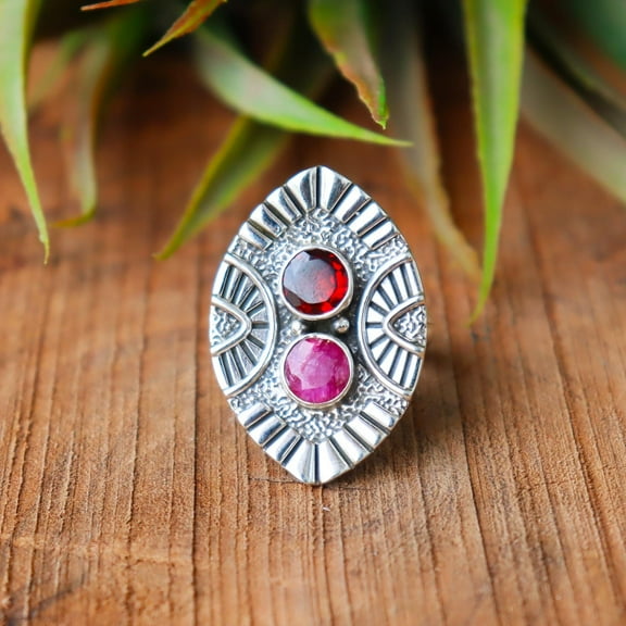 Pink Ruby With Red Garnet Ring, 925 Sterling Silver Ring, Two Type Stone Ring, Pure Silver Ring, Women Ring, Charm Ring, Silver Jewelry,....