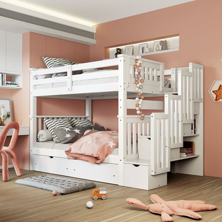 CoSoTower Full Over Full Bunk Bed With Shelves And 6 Storage Drawers, White
