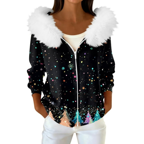 Women's Fashion Casual Sweater Zipper Cardigan, Christmas Striped Print Plush Hooded Jacket for Festive Seasonal Outfits and Comfort,Black,L