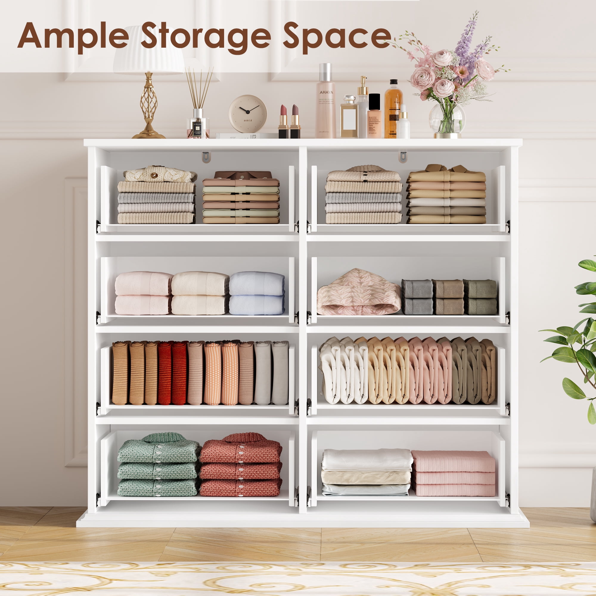 Homfa Horizontal 8 Drawer Dresser, White Wood Storage Cabinet, Double Dresser for Bedroom Living Room