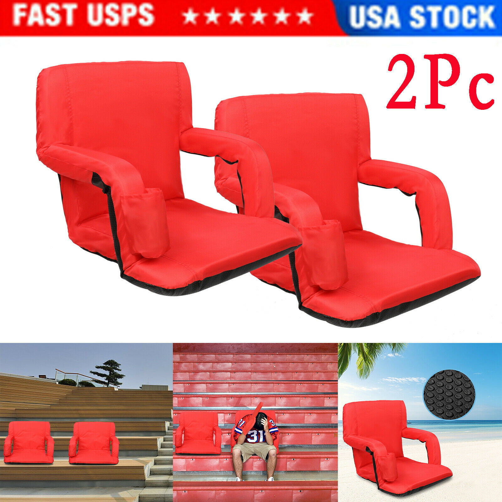 Portable Red Reclining Stadium Seat with Armrest Cup Pocket Standard Adjustable 