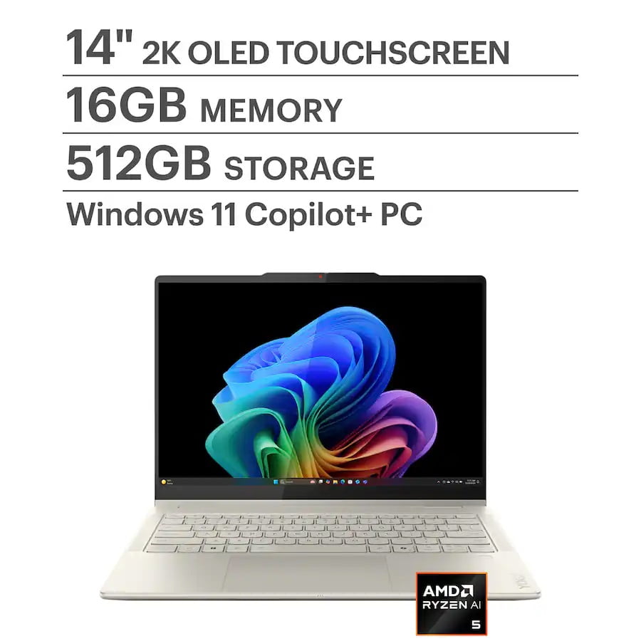 Lenovo - Yoga 7 2-in-1 - Copilot+ PC - 14" 2K OLED Touchscreen Laptop - AMD Ryzen AI 5 340 - 16GB Memory - 512GB SSD - Seashell