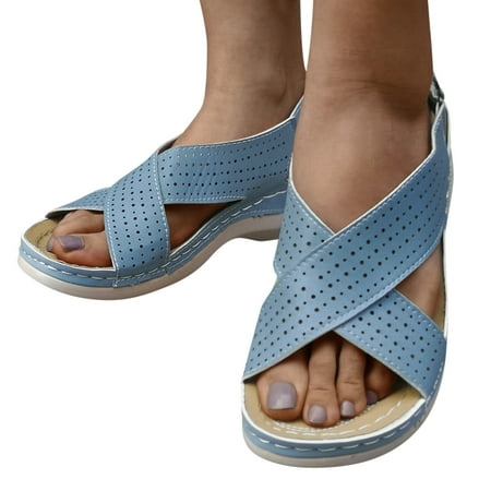 

〖Yilirongyumm〗 Blue 39 Sandals Women Ladies Fashion Summer Boho Wedge Heel Sponge Hook&Loop Sandals