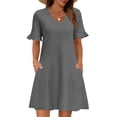 thumbnail image 3 of Summer Casual Dresses for Women A Line Sun Dress Ruffle Short Sleeve V Neck Tshirt Dress with Pockets Gray XL, 3 of 6