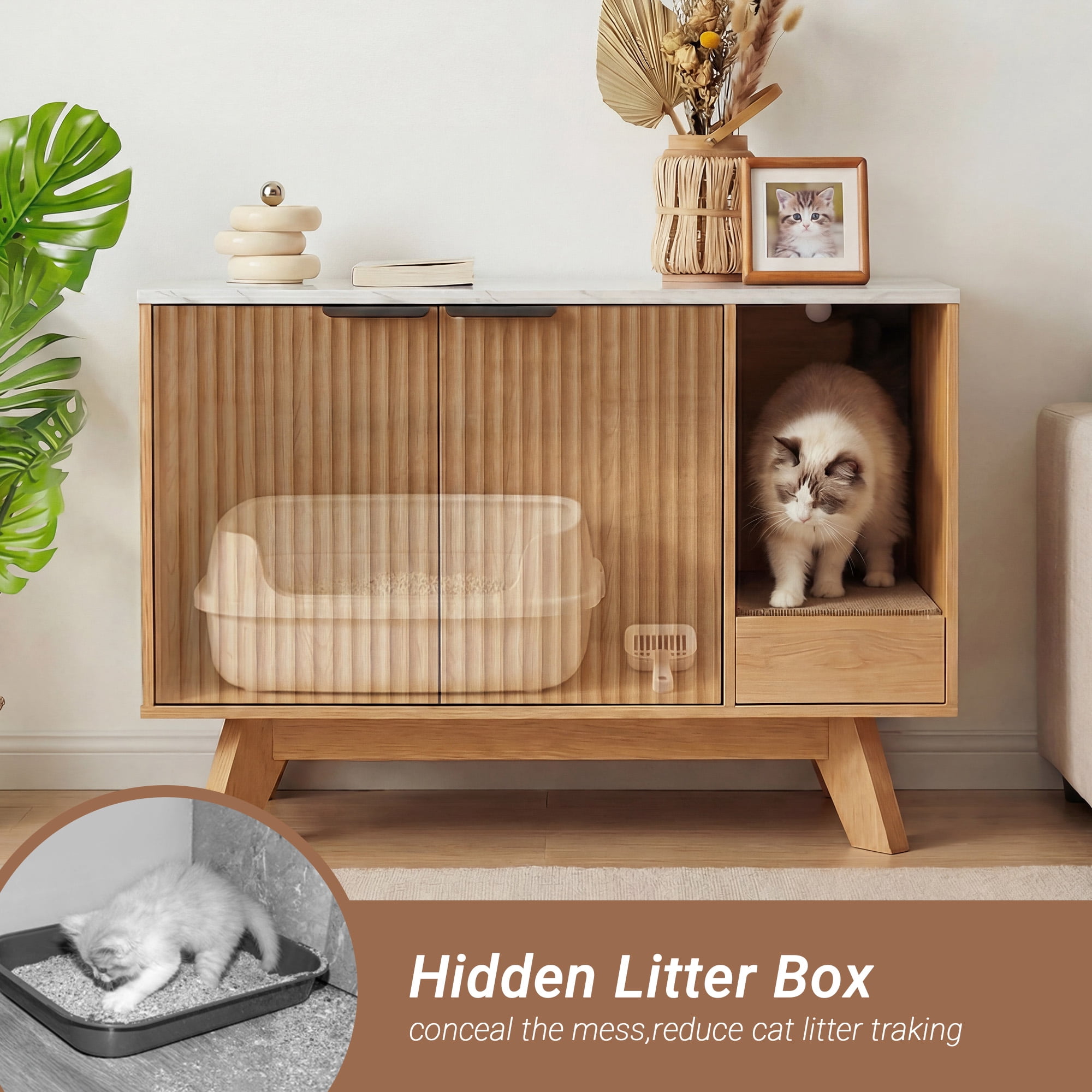 Innovar Home Cat Litter Box Enclosure, 31.5" Large Wooden Hidden Cat Litter Box Furniture,Indoor Cat Washroom for 2 Cats, Dual-Room Cats Cabinet W/Scratching Pad for Living Room Bedroom,Nature Finish