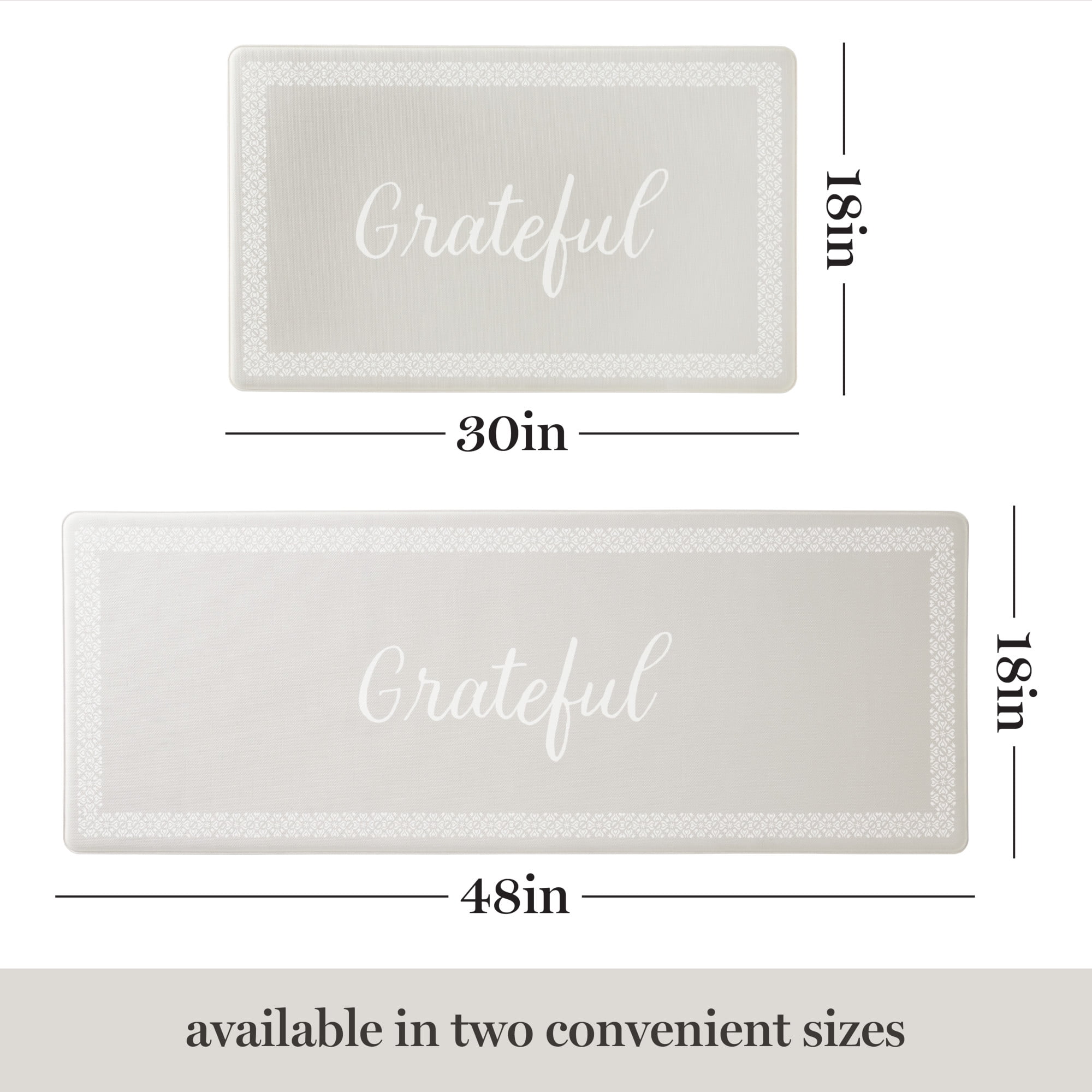 MARTHA STEWART Bloomfield Grateful Border Kitchen Mat, Comfort Standing Mat, Non-Slip Backing, Water & Stain Resistant, Grey, 18"x48"