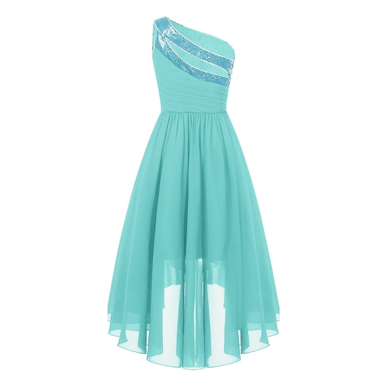 renvena Kids Girl One Shoulder Sequins High Low Junior Bridesmaid Dresses  for Wedding Turquoise 16