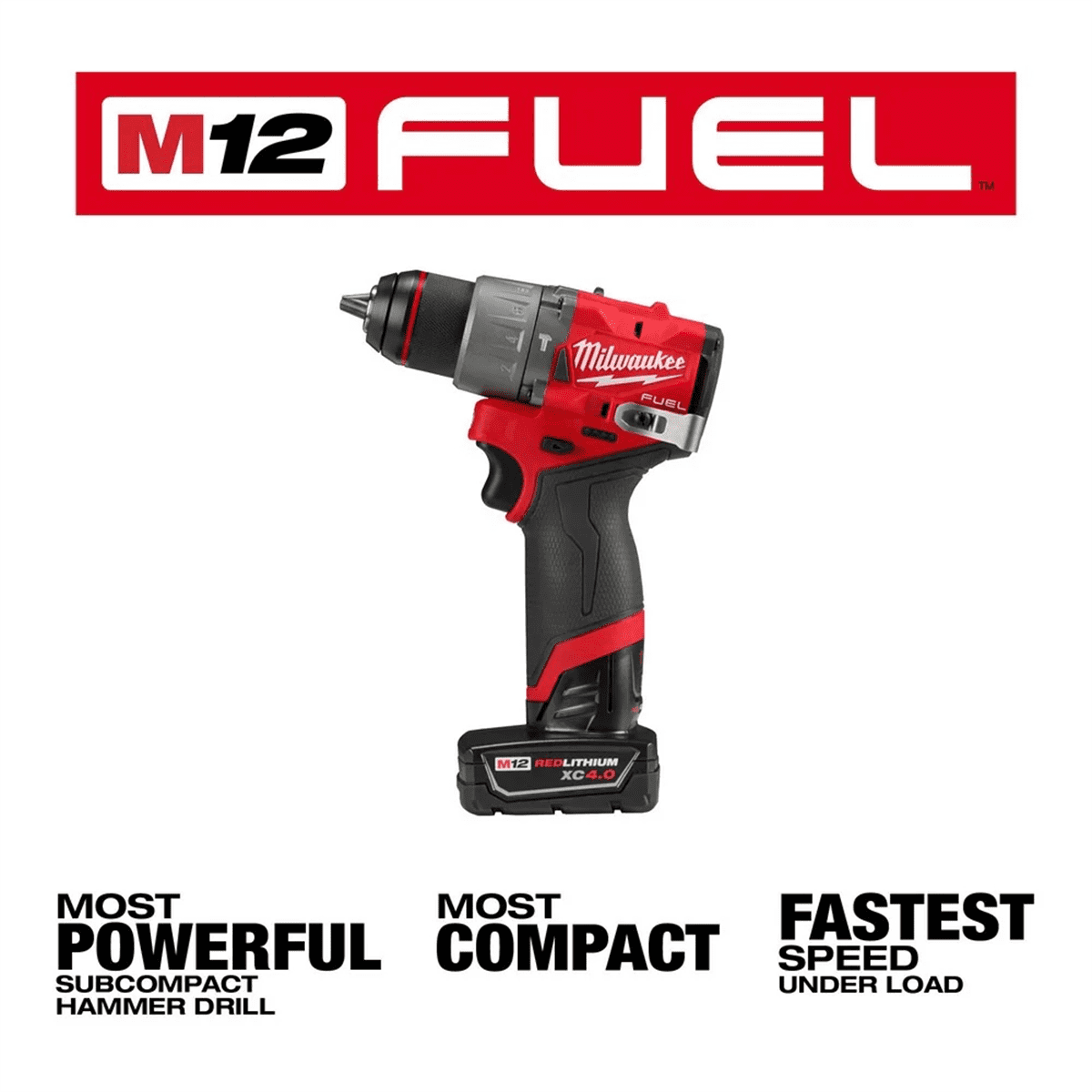 Milwaukee 3404-22 12V Fuel 1/2" Hammer Drill/Driver Kit with 4.0Ah, 2.0Ah Lithium Ion Batteries, Charger & Tool Bag