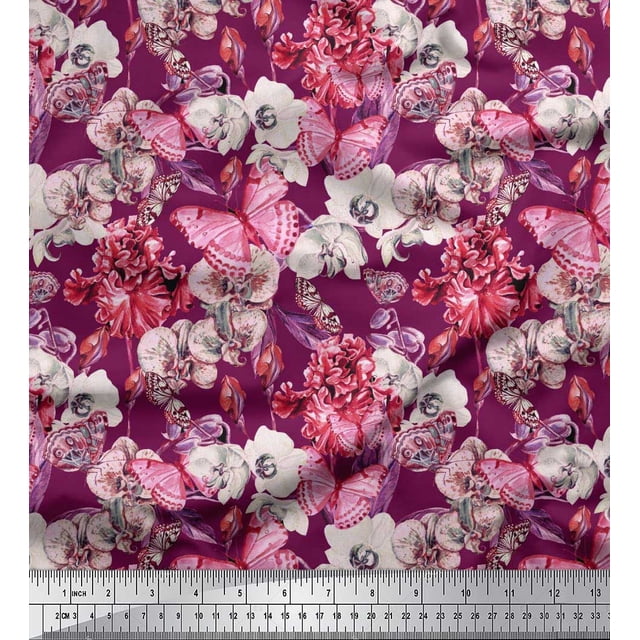 Soimoi Poly Georgette Fabric Butterfly & Orchids Floral Printed Fabric 1 Yard 52 Inch Wide