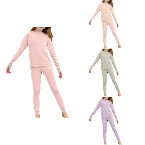 Loopsun Girls Long Sleeve Round Neck Shirts with and Pants Thermal Loungewear Outfit Beige, 14-15 Years