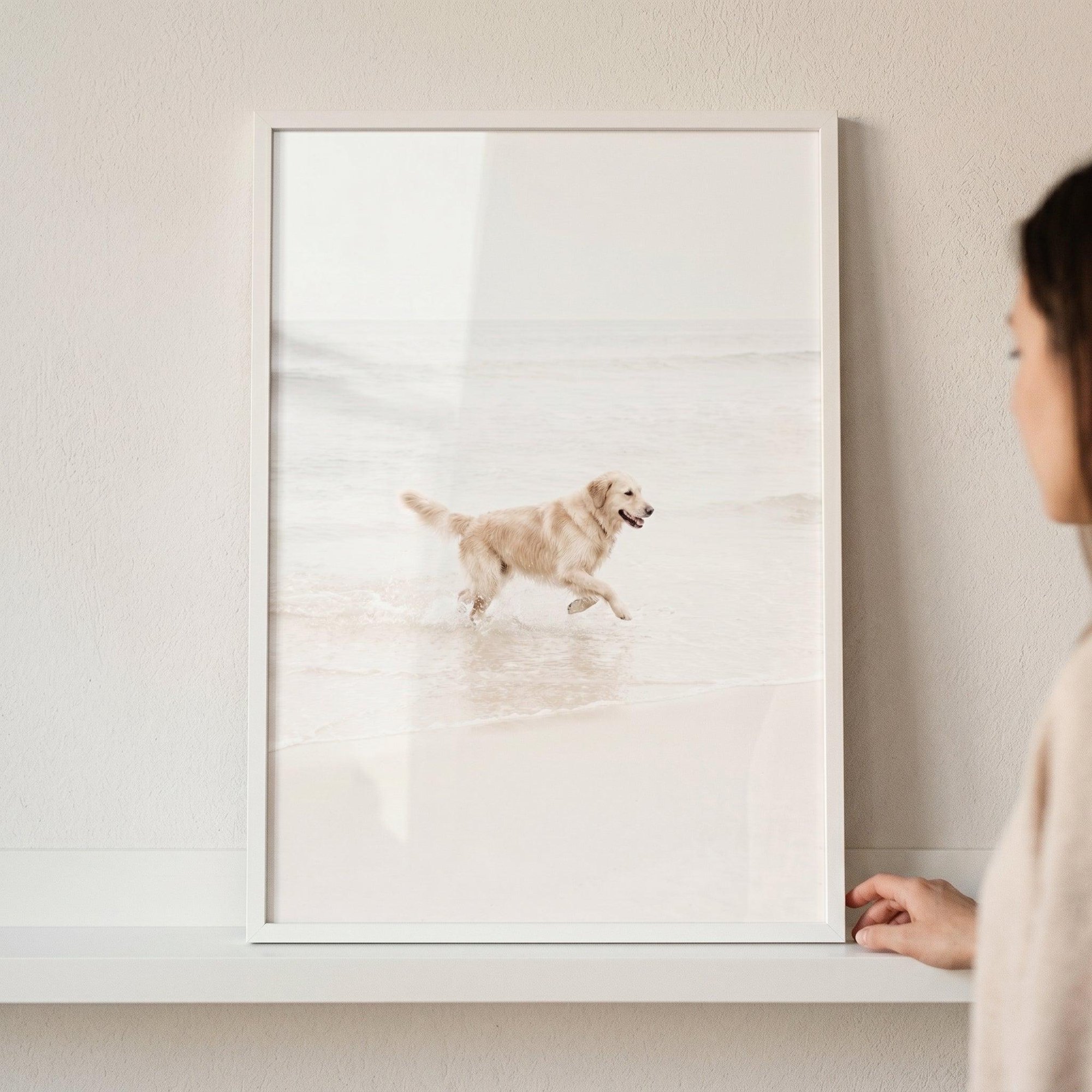 Running Beach Golden Retriever Wall Art coastal nursery decor minimalist dog photography neutral beach house print pet lover gift ideas