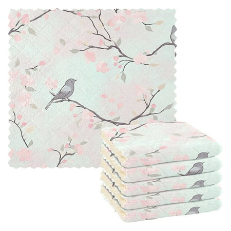 

6 Pack Kitchen Dish Towels 11 Inch x 11 Inch Reusable Cleaning Cloths for Washing Dishes Dish Cloths for Drying Dishes Pink Flower and Gray Bird
