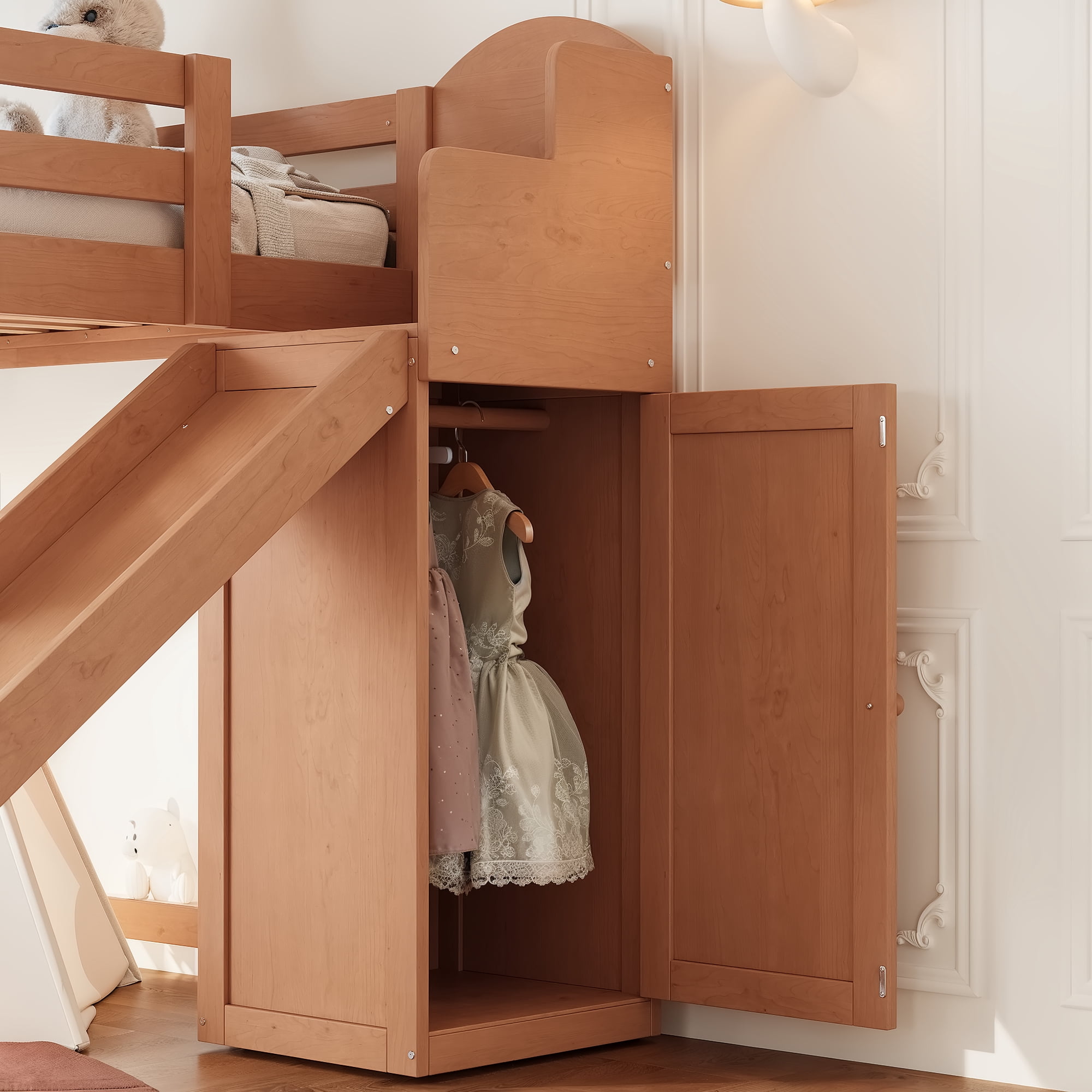 Leumius Twin Size Loft Bed with Storage Stairs, Slide & Built-in Wardrobe,Soild Wood Loft Bed Frame with High Guardrail,Walnut