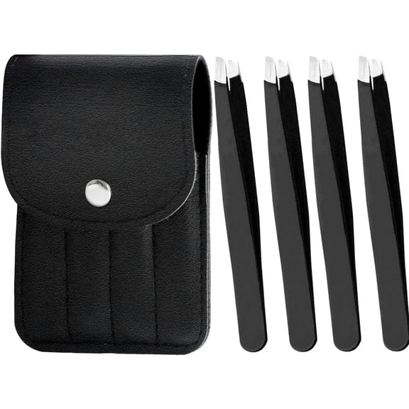 4 PCS Stainless Steel Slant Tweezers for Eyebrows - Precision Tool for Women and Men, Ideal for Brow, Facial Hair Black With Case