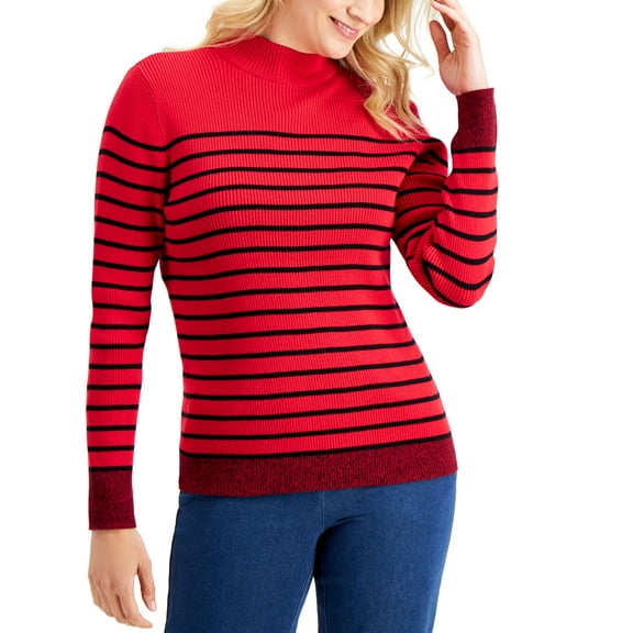 Karen Scott Jenny Rib Striped Mock Neck Sweater New Red Amore Combo XL