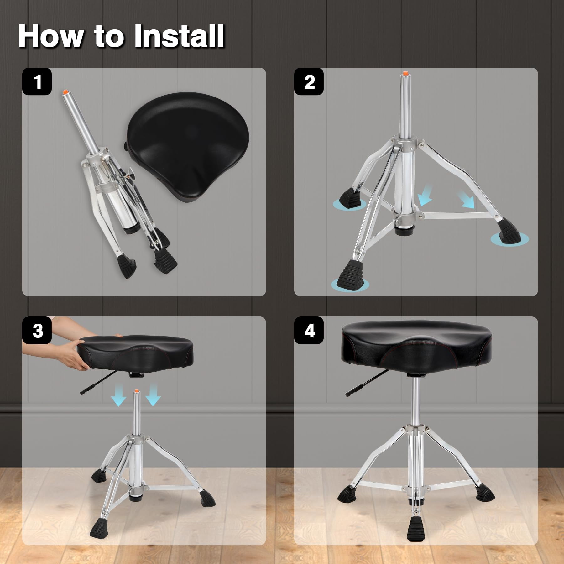 RedSwing Hydraulic Drum Throne, Adjustable Drum Thrones Seat with Anti-Slip Feet Saddle, Motorcycle Style Drum Chair for Adults Drummers