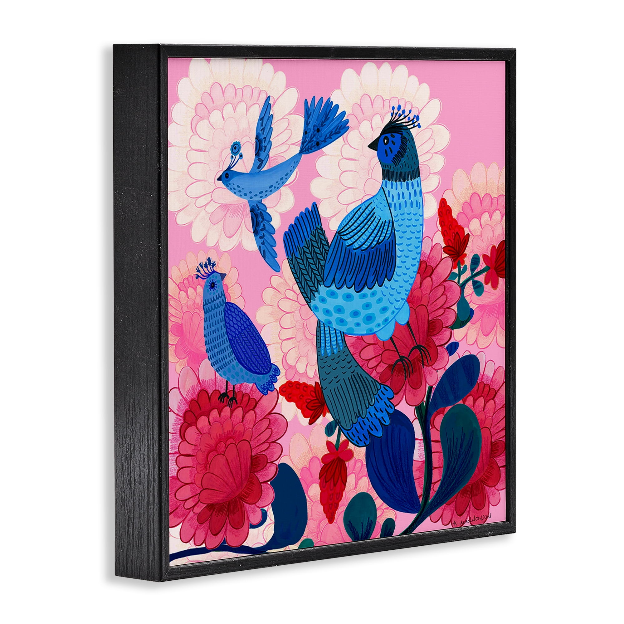 Stupell Industries Folk Birds on Dahlias Animals Painting Black Framed Art Print Wall Art, 12 x 12