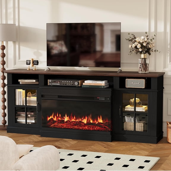 Sonegra Farmhouse TV Stand with 36" Big Fireplace, for TVs up to 90", Fireplace Entertainment Center, Black