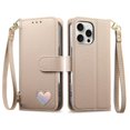 thumbnail image 2 of For IPhone 16 Pro Leather Phone Case Wallet Heart-shaped Zipper Pocket Pouch Folio Flip Cover Kickstand, Multi Anti-theft Multi-Card Holder Cash Slot, Double Magnetic Buckle, Wrist Lanyard,Beige, 2 of 8