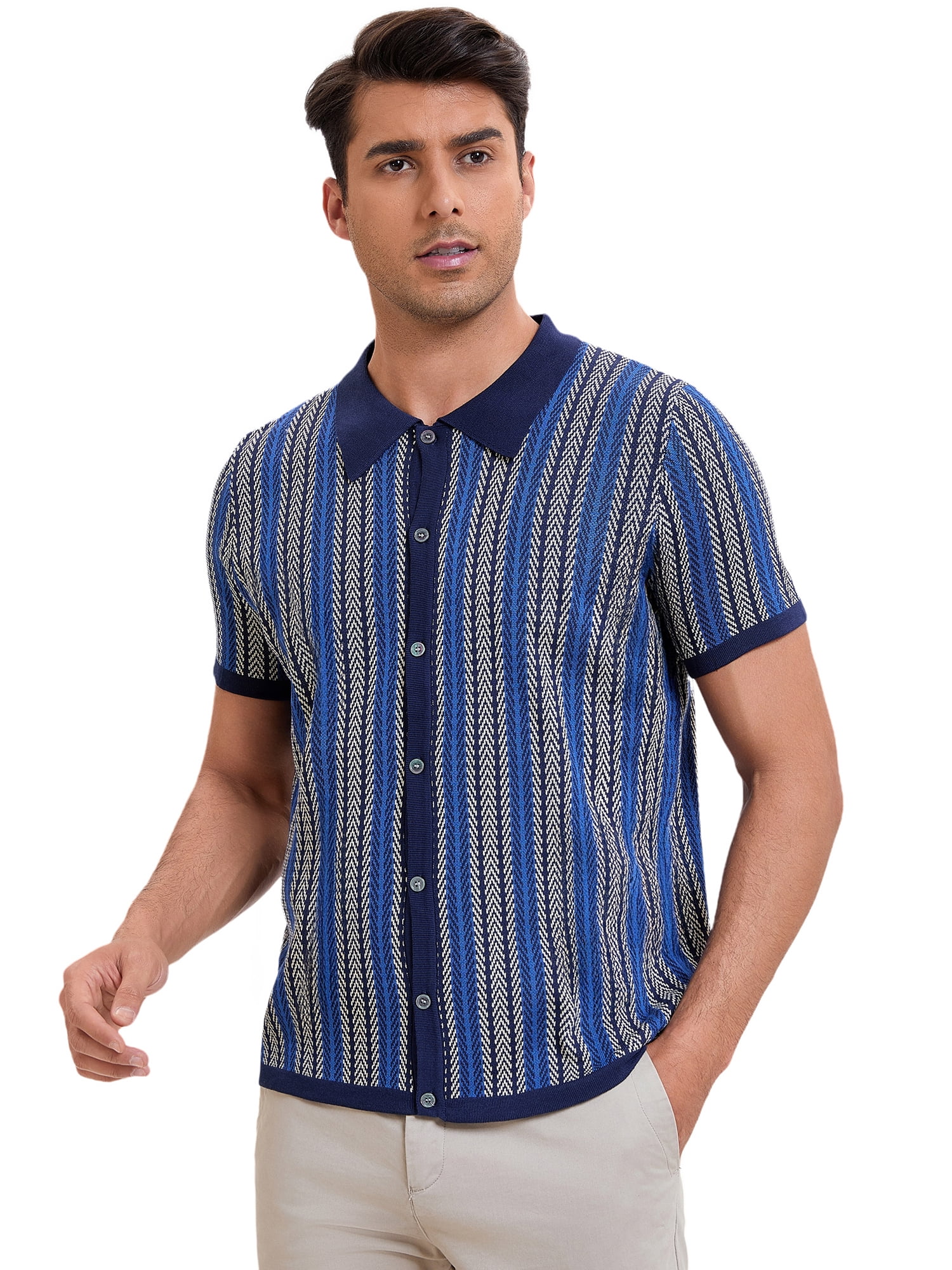 DARING DIVA Men's Striped Short Sleeves Button Down Jacquard Polo Shirts L Dark Blue