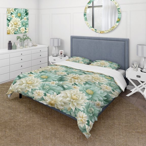 Designart "Boho Emerald Dahlia Dream I" Green Floral Bedding Covert Set - Cottage Bed Set With 2 Shams