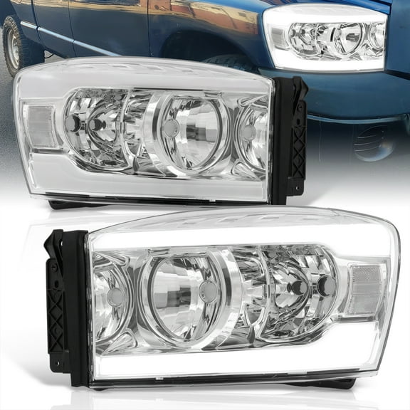 AJP Distributors Chrome Housing Clear Corner LED DRL Tube Bar Driving Head Lights Bumper Signal Lamps Assembly Pair Compatible/Replacement For Dodge Ram 1500 2500 3500 2006 2007 2008 2009 06 07 08 09