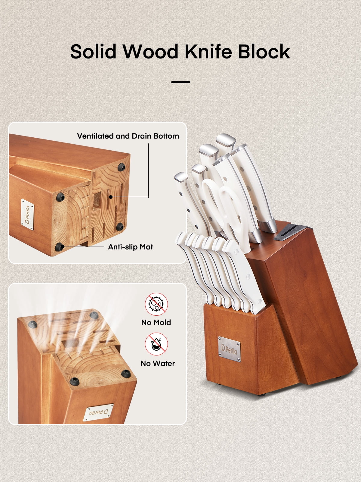 D.Perlla Knife Set, 14 Pcs German High Carbon Stainless Steel Kitchen Knives Block Set with Built-in Sharpener, Brown