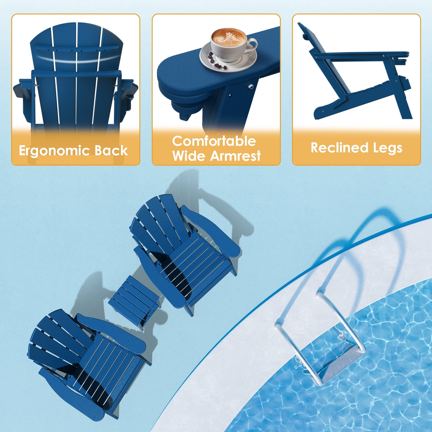 Pipopa Outdoor Folding HDPE Adirondack Chair Set of 2 with Cup Holder,All-Weather Patio Chair for Garden,Backyard,Pool,Blue