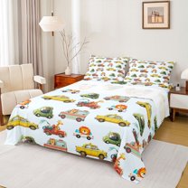 Homewish Colorful Toy Car Bed Sheets,Cute Lions Giraffe King Sheets,Kawaii Zoo Animal Sheet Set For Boys Kids,Luxury Bedroom Decor,4 Pieces