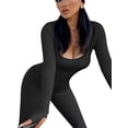 thumbnail image 3 of Women Fashion Wild Jumpsuits Solid Color Square Neck Long Sleeve Long Rompers Spring Autumn Skinny One-Piece Clothes, 3 of 6