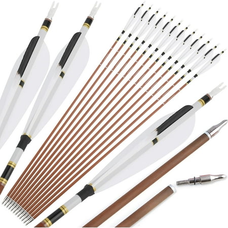 31 Carbon Arrows Spine 500 Archery Hunting Arrows with Natural Feather Removable Tips Targeting Arrows for Compound & Recurve & Traditional Bow 12pcs