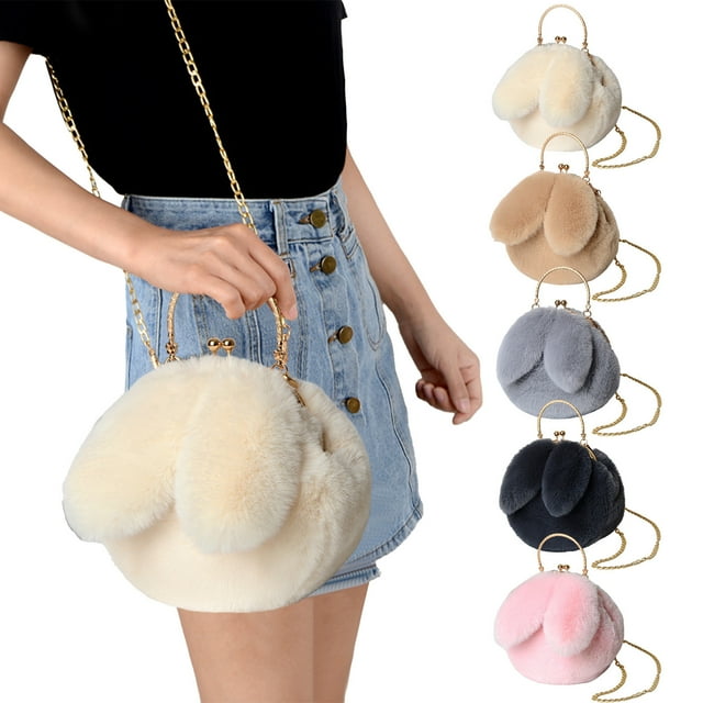 Bolso bandolero de peluche Bunny para mujer | Poliéster suave y licra | 22x21cm | Cierre de pinza de oreja de conejo adorable | Caqui, Rosa, Gris, Blanco | Versátil, espacioso, ligero