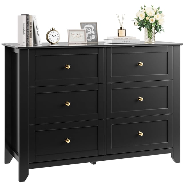 TROPOW Commodes et Chiffonniers, Commode à 6 Tiroirs, Commode Moderne et Élégante, Tiroirs Profonds et Poignée Ronde en Nickel, Commode Organisatrice en Bois avec Grand Espace de Rangement pour Chambre, Noir