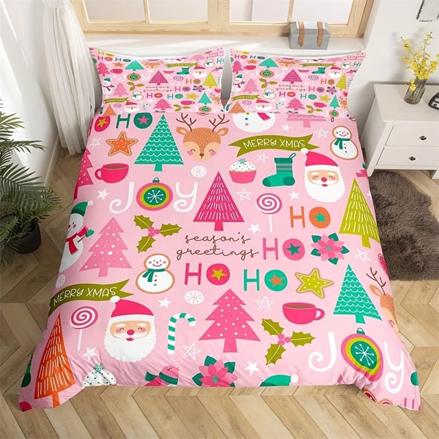 Juego de funda nórdica navideña festiva de 2 o 3 piezas, suave y transpirable, morado con Papá Noel, renos y copos de nieve para decoración de dormitorio o dormitorio