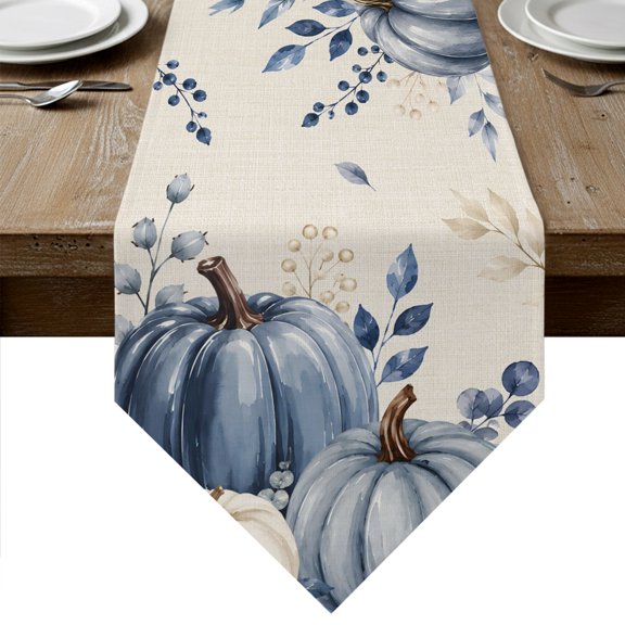 Navy Blue Pumpkins Fall Table Runner Linen Burlap Table Runner 60 Inches Long Thanksgiving Weeping Botanical Rustic Dresser Scarves for Kitchen Island Coffee Dining Room Party Holiday Decor 13"x60"