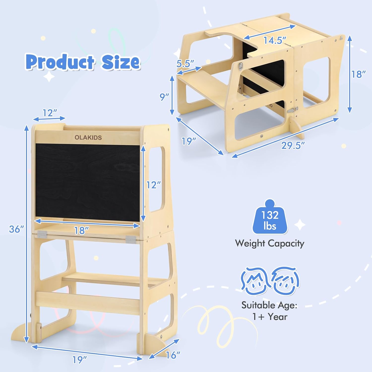OLAKIDS Kids Table and Chair Set, 4 in 1 Foldable Wooden Activity Table with Blackboard Easel, Montessori Step Stool Table and Chair Set, Toddler Furniture Table for Playing Drawing Reading or Eating