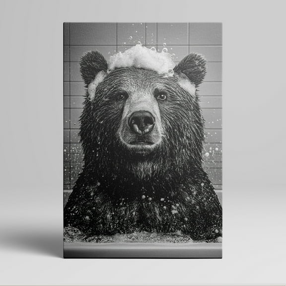 1pc Black and White Canvas Wall Art of a Bear Taking a Bubble Bath, framed Decor room hanging Wall Picture Decor for Home Gifts, living room, bathroom, bedroom, kitchen wall art decor canvas wall art