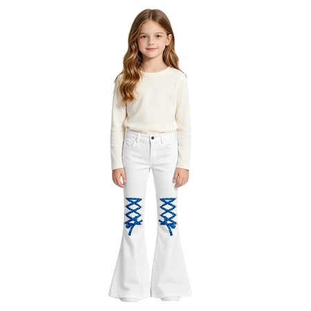 Girls Flared Pants With Unique Printed Patterns Adjustable Tie Waist Casual Trousers For Daily Wear Street Style