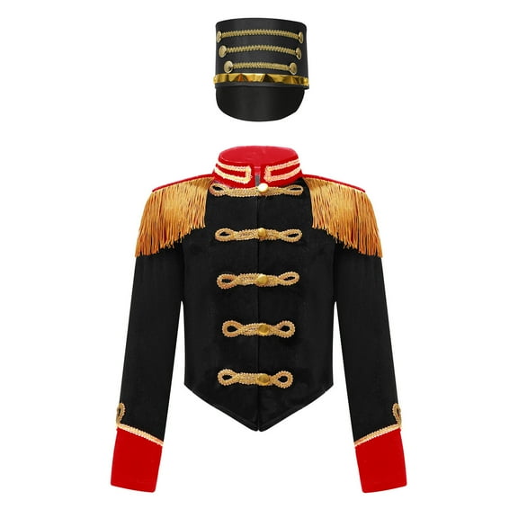 TiaoBug Kids Circus Ringmaster Performance Outfits Fringe Epaulet Jacket with Majorette Drummer Hat Black 4