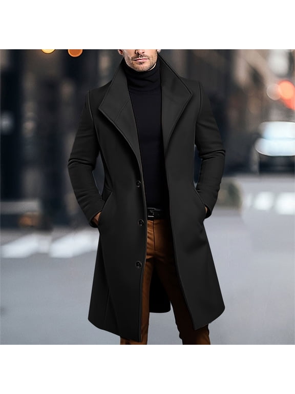 Men's Casual Trench Coat Slim Fit Notched Collar Long Jacket Overcoat Single Breasted Pea Coat wih Pockets Black M