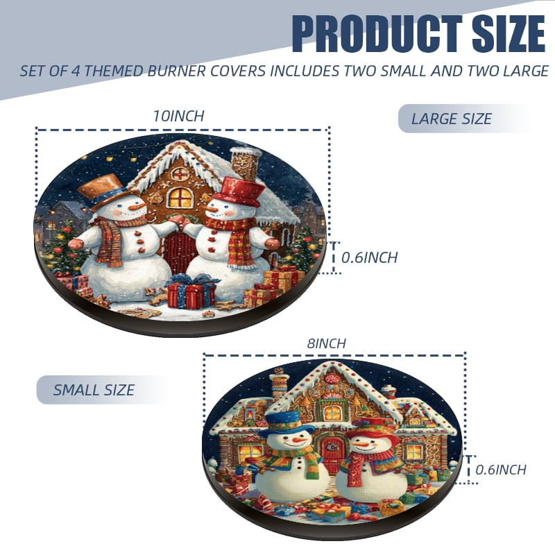 Christmas Stove Burner Covers for Electric Stove, Christmas Snowman and Candy Castle Xmas Decorative Round Mental Electric Range Burner Covers Set of 4 for Kitchen, 8 Inches and 10 Inches