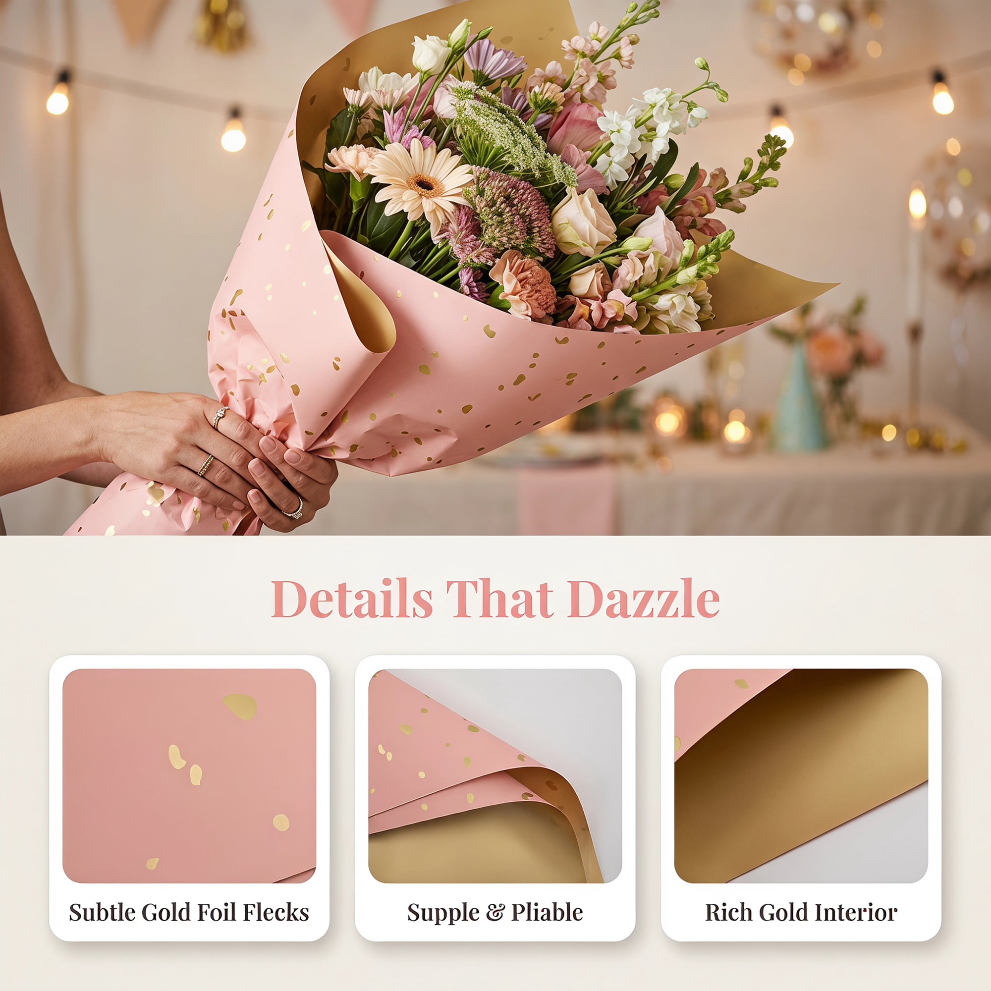 Unique Bargains Flecked Gift Wrap Paper for Floral Arrangements Pink Gold 22.4"x 22.4"