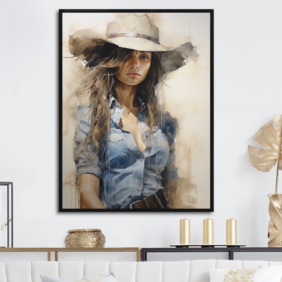 Designart "Minimalist Blue Cowgirl Artwork" Cowgirls Floater Framed Wall Art Prints