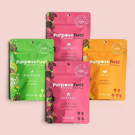 Purposefuel Functional Healthy Snacks Variety Pack Of 4 (2 Chocolate Raspberry Cacao, 1 Matcha Lemon, 1 Mango Turmeric), 3.2 Oz Each, Dairy-Free, Vegan, Gluten-Free, Non-Gmo, No Preservatives