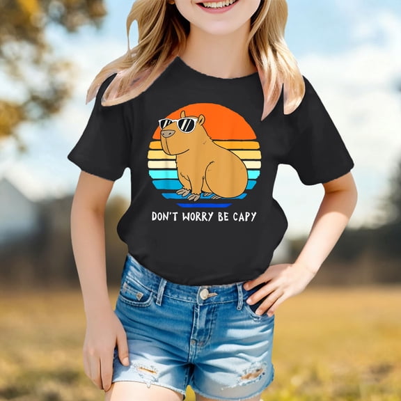 Toddler Girls T-shirt Capybara Printed Short Sleeve Crew Neck Casual Summer Graphic Tee