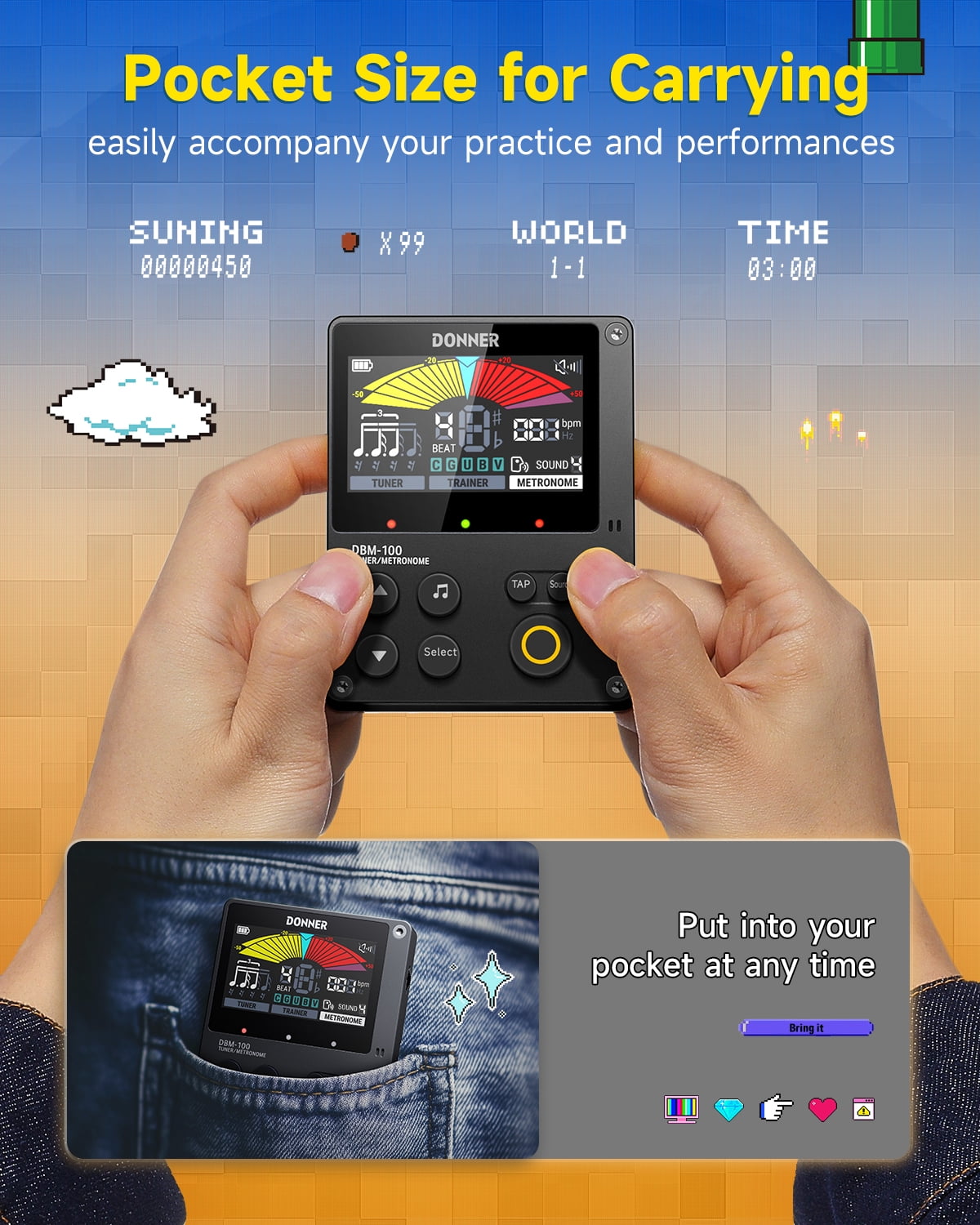 Donner 3-in-1 Rechargeable Digital Metronome Tuner For Guitar, Violin, Ukulele, Piano, Flute & All Instruments, Black