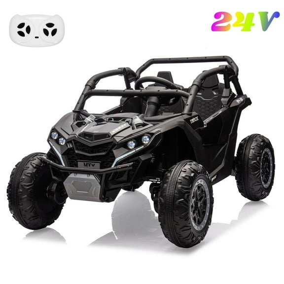 24V 2-Seater Ride-On UTV for Kids, 4WD Electric Off-Road Truck with Remote Control, LED Lights, Music, Battery Powered Ride-On Car for Boys & Girls, Black